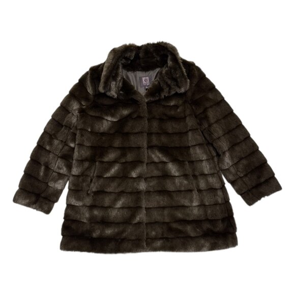 ANNE KLEIN Faux Fur Luxury Designer Brown Winter Casual Glam Coat Womens Large - Picture 2 of 6